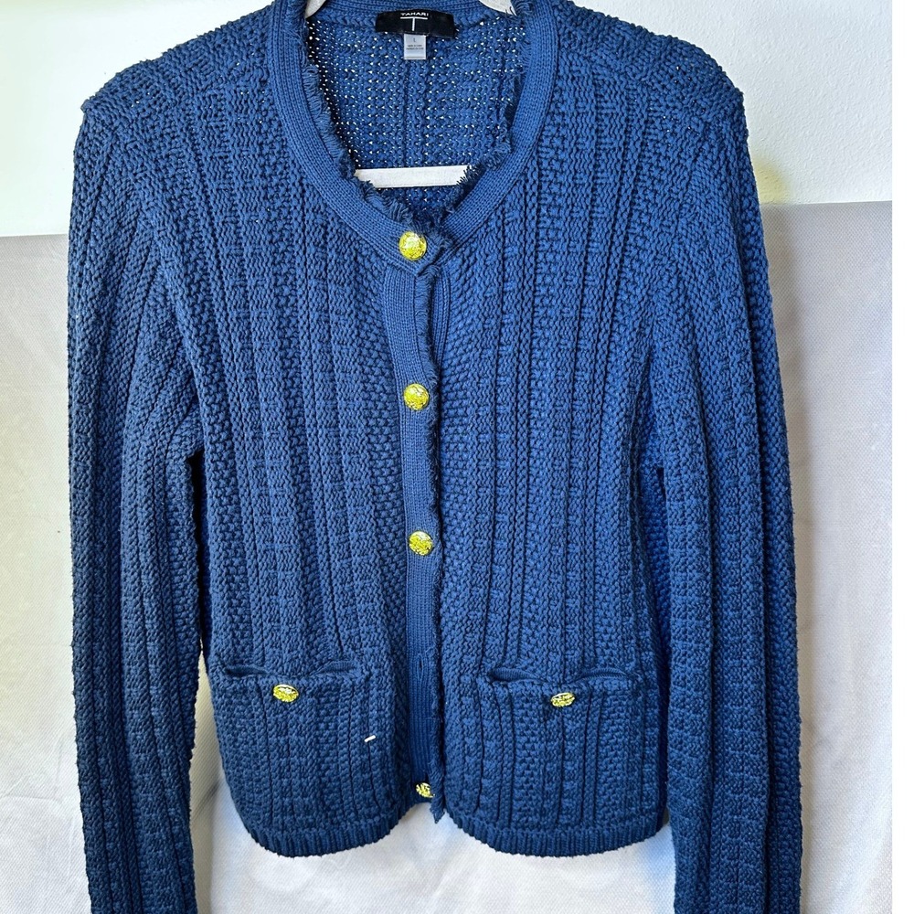 Tahari Navy Blue Chunky Knit Cardigan Gold Button Fringe Trim Large